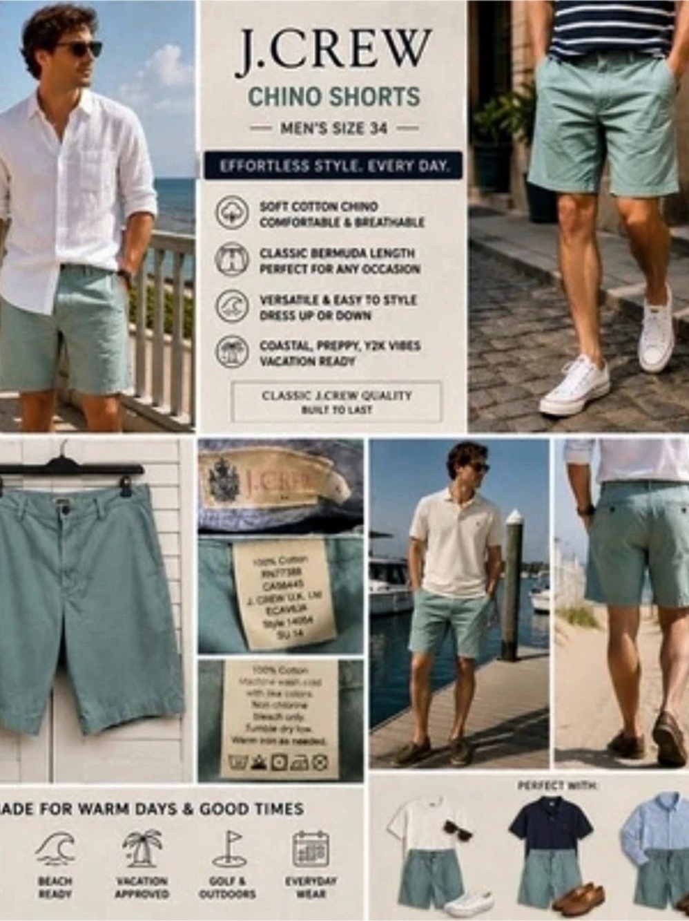 J Crew Shorts Men’s 34 Mint Blue Chino Bermuda Preppy Casual Cotton Coastal